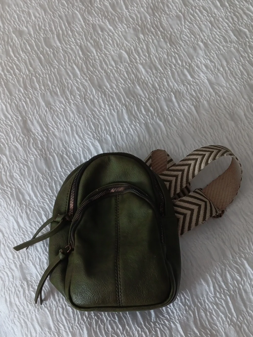Compact Olive Green Mini Backpack with Chevron Strap